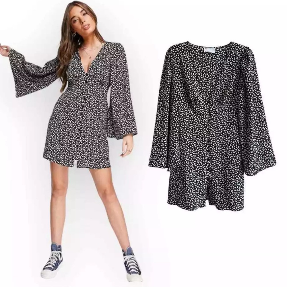 ASOS DESIGN Button Mini Dress Bell Sleeve in Black Animal Print Size US 2